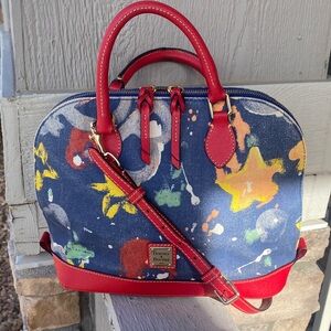DOONEY & BOURKE Denim Graffiti Red Leather Domed Satchel Shoulder PURSE Handbag